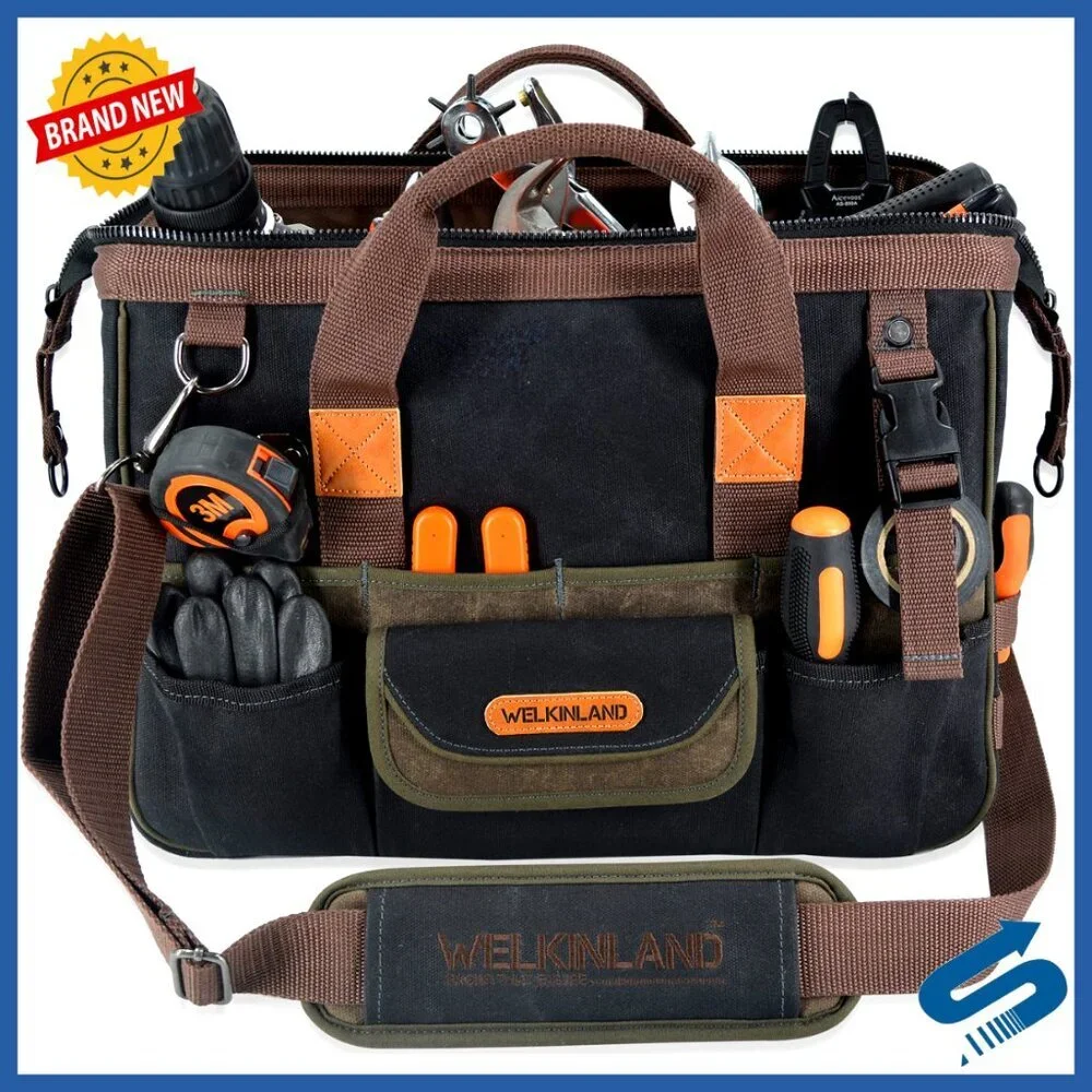 Heavy-Duty Waxed Canvas Tool Bag with 32 Pockets for Electrician HVAC